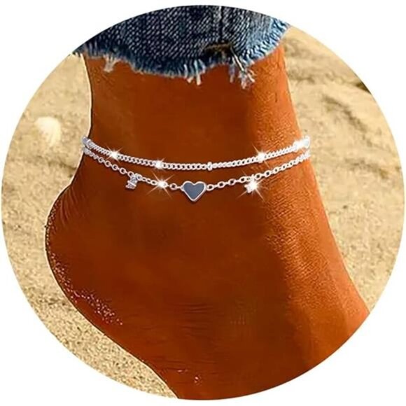 Sterling Silver Anklet for Women Heart Charm CZ Layered Waterproof Jewelry - Picture 8 of 8